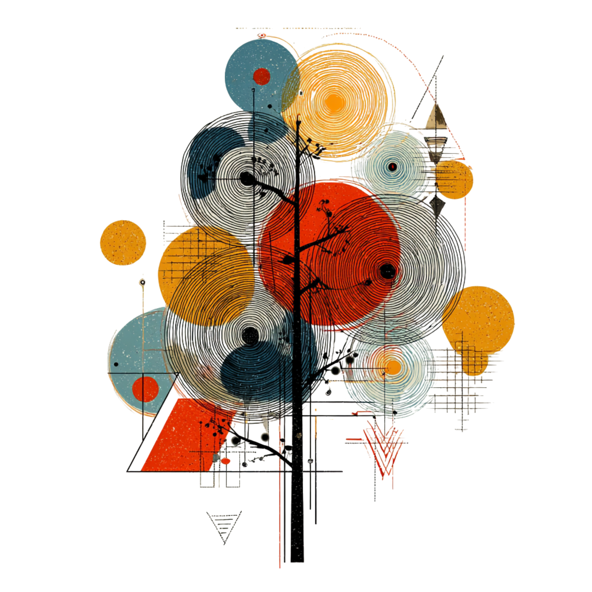 Abstract art featuring a black tree silhouette with larger circles resembling tree rings in shades of orange, yellow, blue, and black, arranged around and above the tree. Geometric shapes and grid patterns are integrated within the circles, creating a modern, colorful composition.