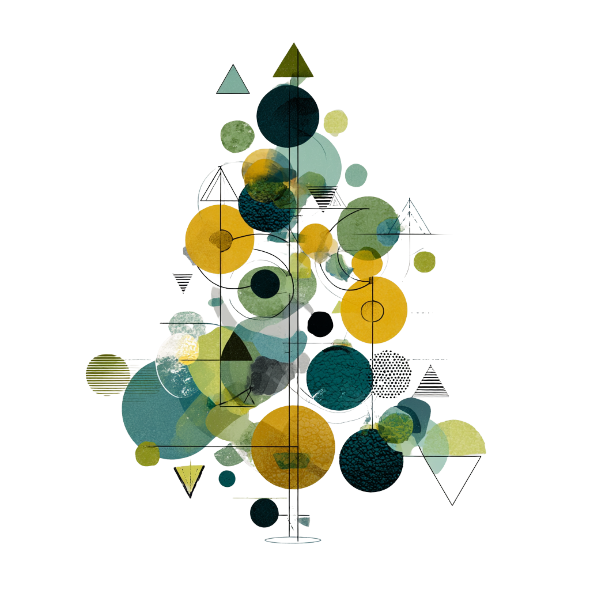 Abstract geometric artwork featuring colorful circles, triangles, and lines arranged in a tree-like structure.