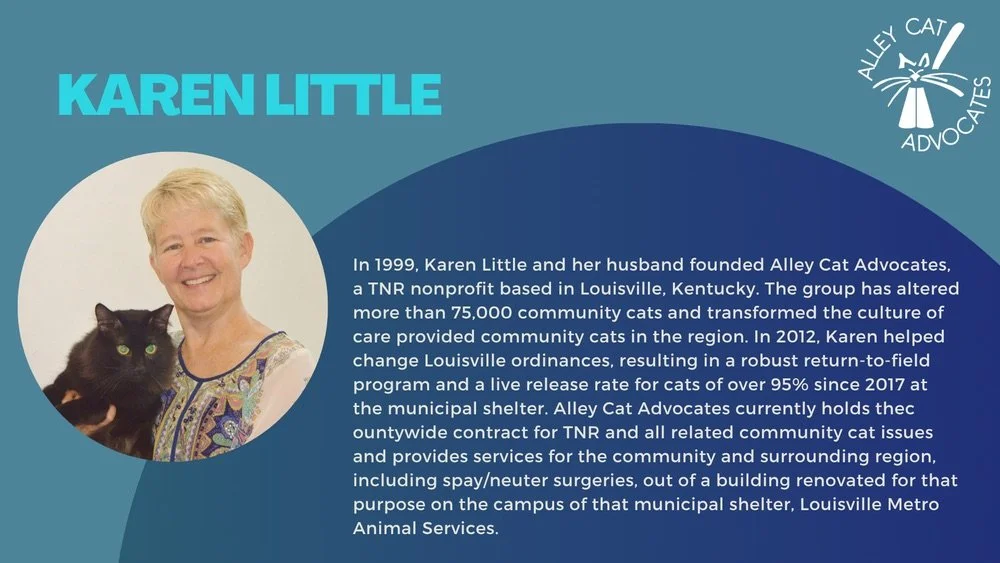 🐾 Join us in welcoming Karen Little, co-founder of Alley Cat Advocates! 🐱 For over 25 years, Karen has helped Louisville achieve one of the highest live release rates for cats in the nation through progressive TNR and return-to-field programs. 

He