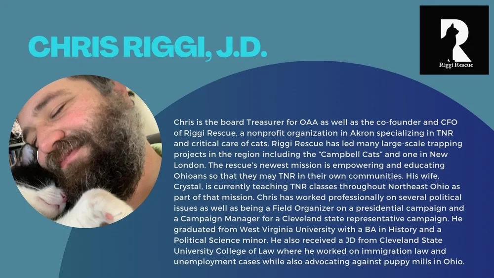 🐈 Say hello to Chris Riggi, OAA Board Treasurer and co-founder of Riggi Rescue! 

From leading major TNR projects to advocating for humane laws, Chris brings a wealth of legal and grassroots experience to this year&rsquo;s Community Cat Summit. 

Co