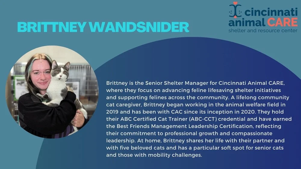 🐈&zwj;⬛ We&rsquo;re excited to feature Brittney Wandsnider, Senior Shelter Manager at Cincinnati Animal CARE! 🐾 A certified cat trainer and compassionate leader, Brittney is dedicated to advancing feline welfare and supporting caregivers of senior 