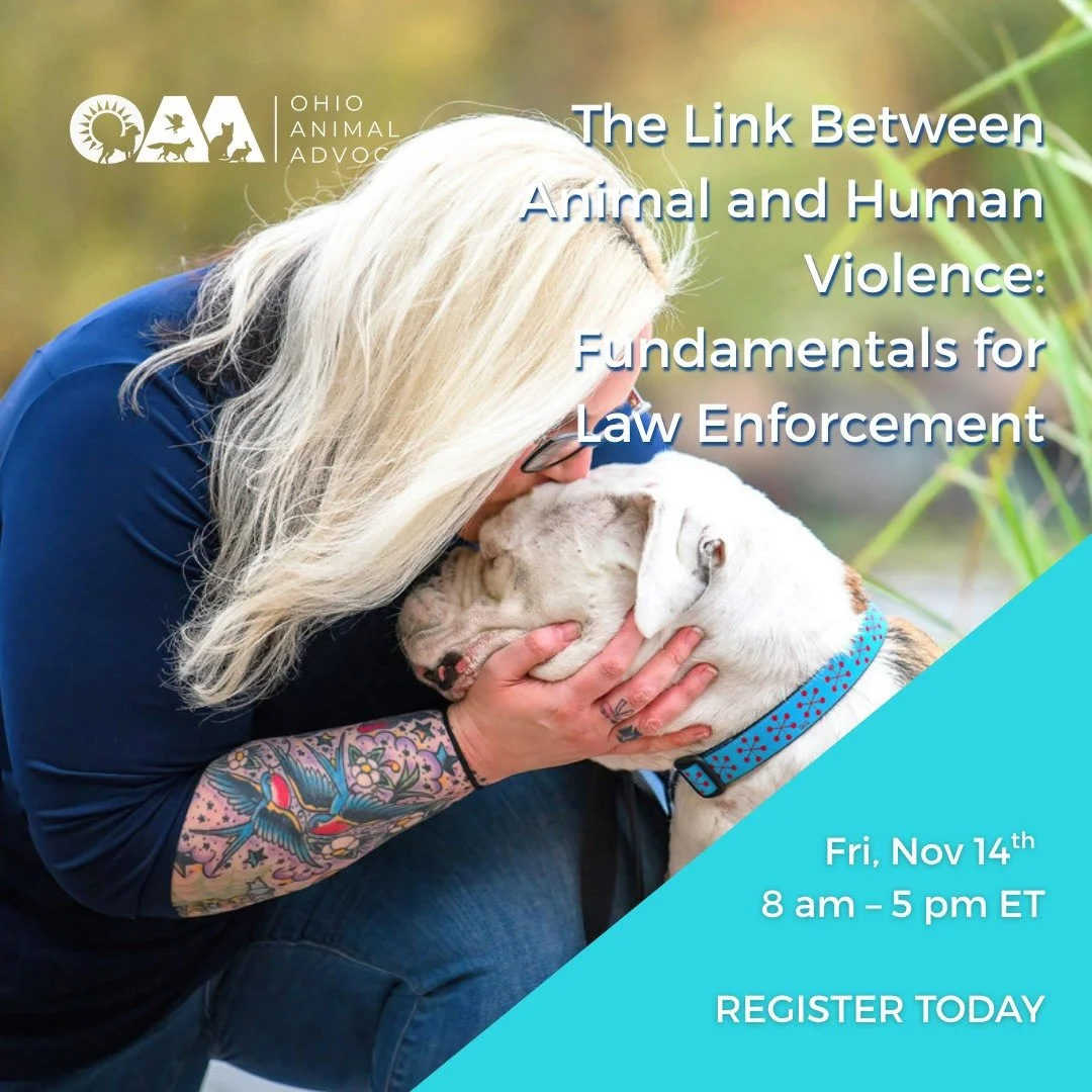 🚨 Free Training for Law Enforcement &amp; Advocates
Join us November 14 in Twinsburg, Ohio for The Link Between Animal and Human Violence: Fundamentals for Law Enforcement. This is an OPOTA CPT-approved workshop exploring how animal abuse and interp