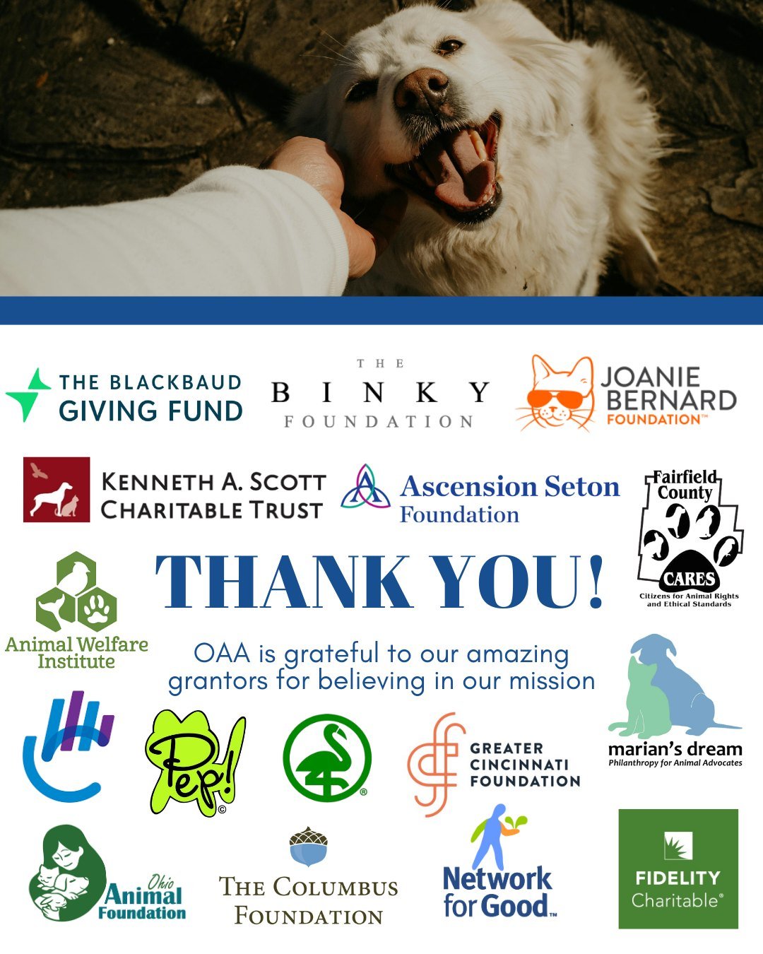 Ohio Animal Advocates is thankful for the support of our incredible donors and grantors this past year! A special thanks to the organizations that help make our work possible: Animal Welfare Institute, Brevity Community Impact Funds, Blackbaud Giving