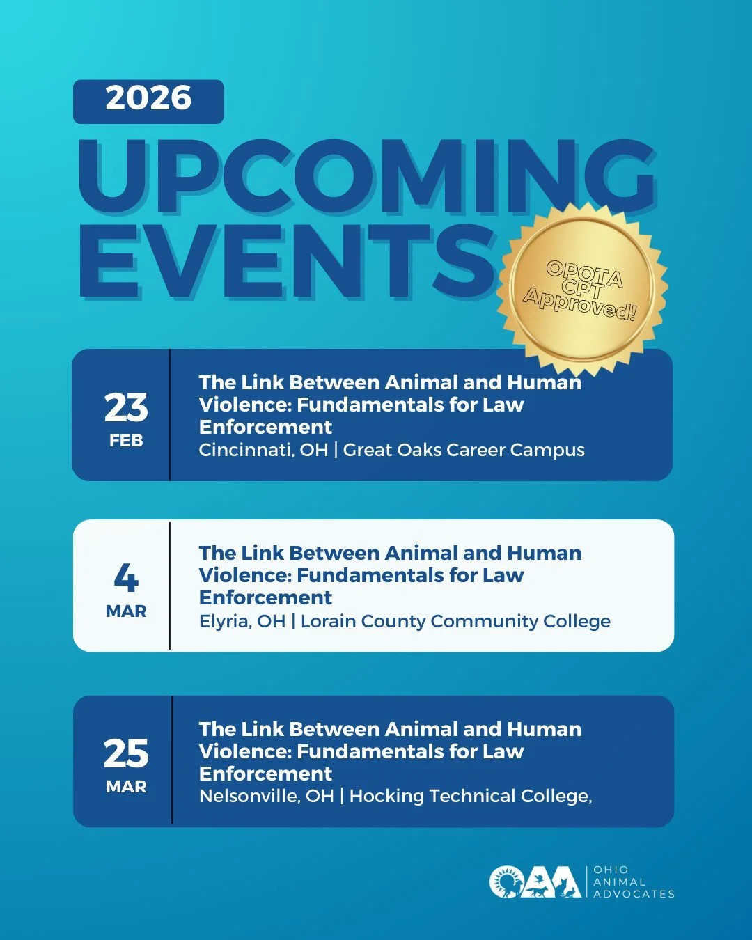 Animal cruelty is often a warning sign!! Join us for an OPOTA CPT&ndash;approved training on The Link Between Animal and Human Violence for law enforcement.

Next training is in Cincinnati, OH on Feb 23rd

This training is designed for law enforcemen