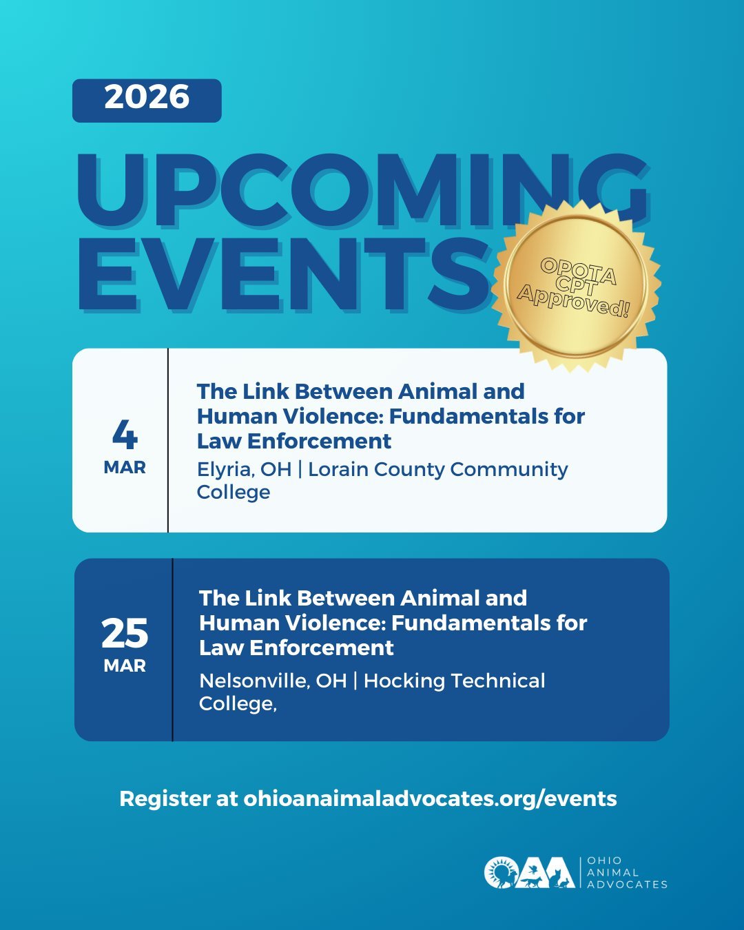 We have TWO more trainings on the link between animal cruelty and human violence is critical for effective intervention and community safety.

Join us for a FREE, OPOTA CPT-approved workshop for law enforcement, social workers, prosecutors, DV advoca