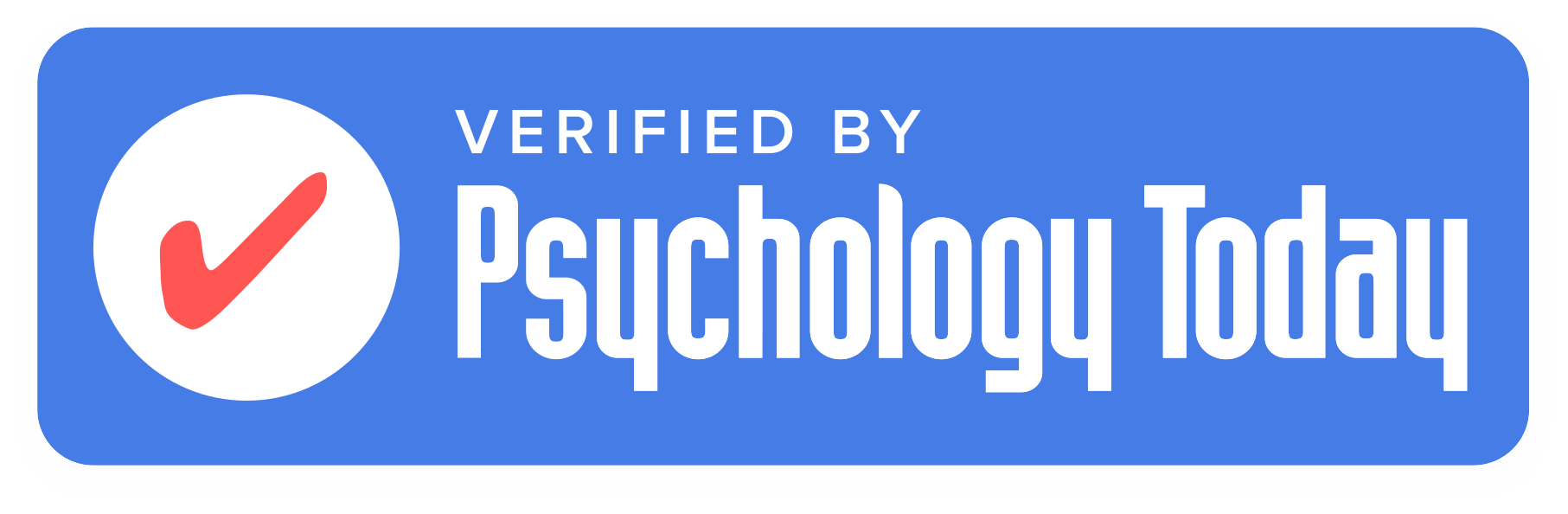Blue badge with white circle containing a red check mark and text that reads 'Verified by Psychology Today'.