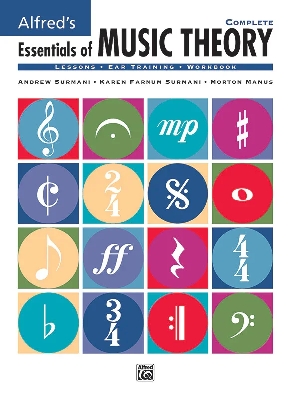 Book cover for "Alfred's Essentials of Music Theory" features colorful musical symbols and notation icons arranged in a grid. The title appears at the top with author names below.