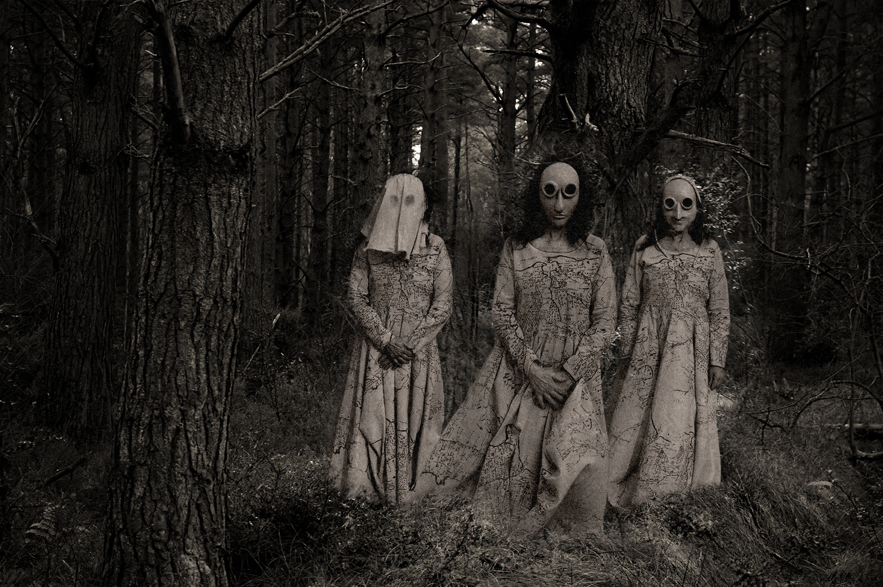    The Weyward Sisters:    
  Digital fusion of fabric, print, and performance, 125 x 80 cm. 