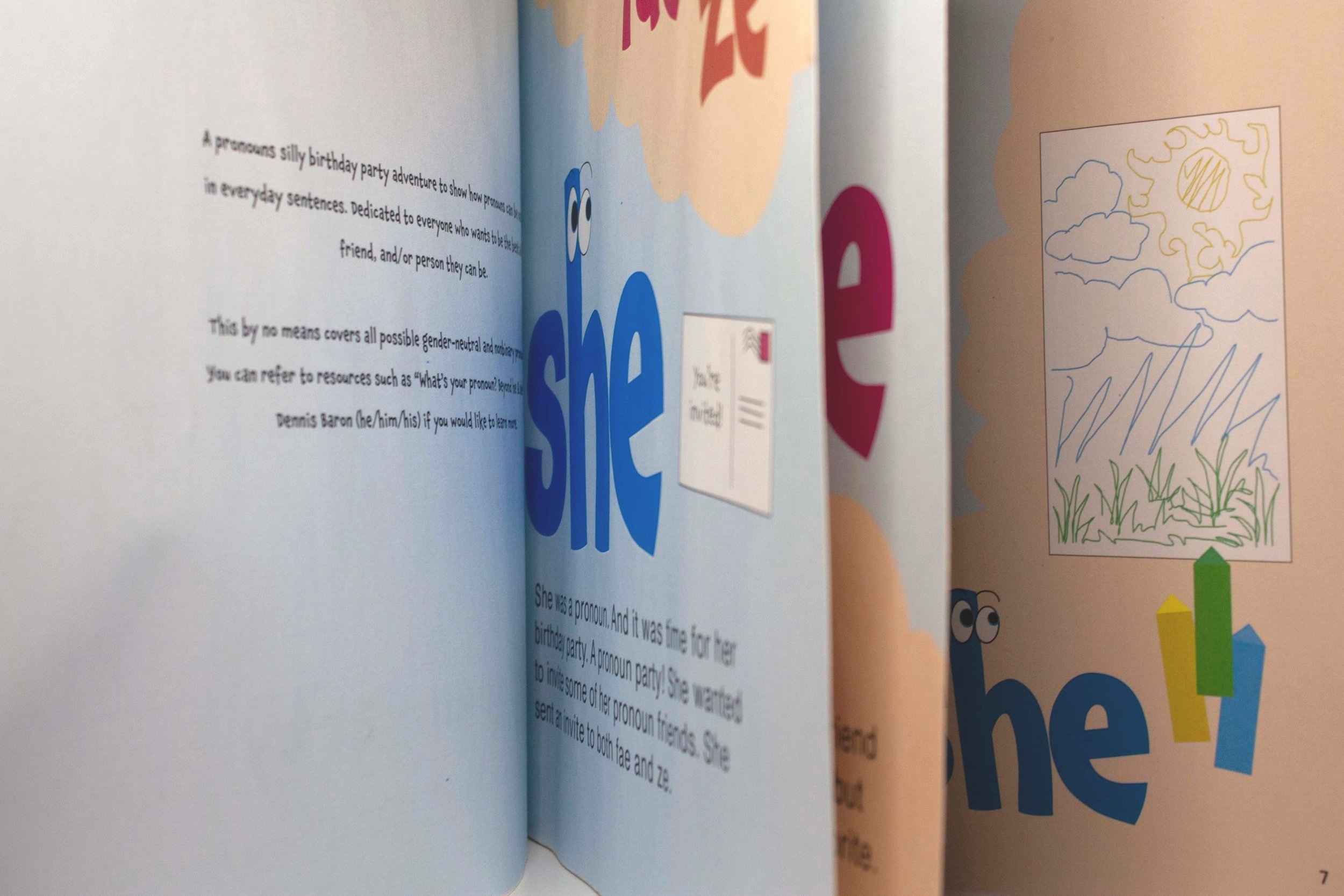 A display of "Pronoun Party" with parts of 4 different pages in view.
