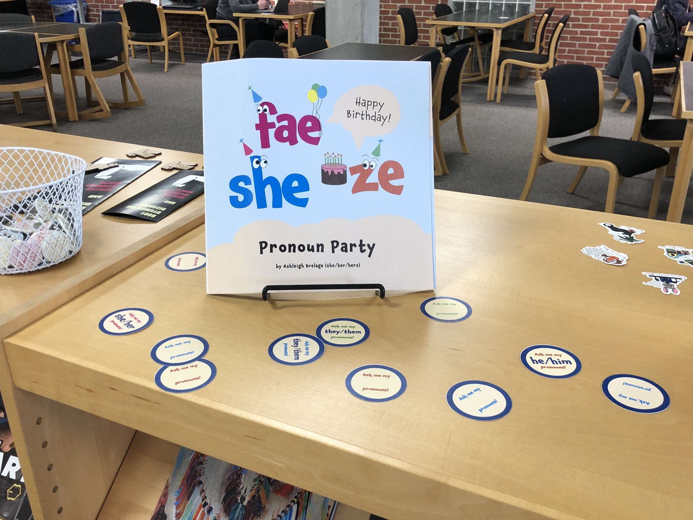 Additional deliverables in the form of "Pronoun Party," a children's book about neopronouns and stickers that can be customized to an individuals pronouns.