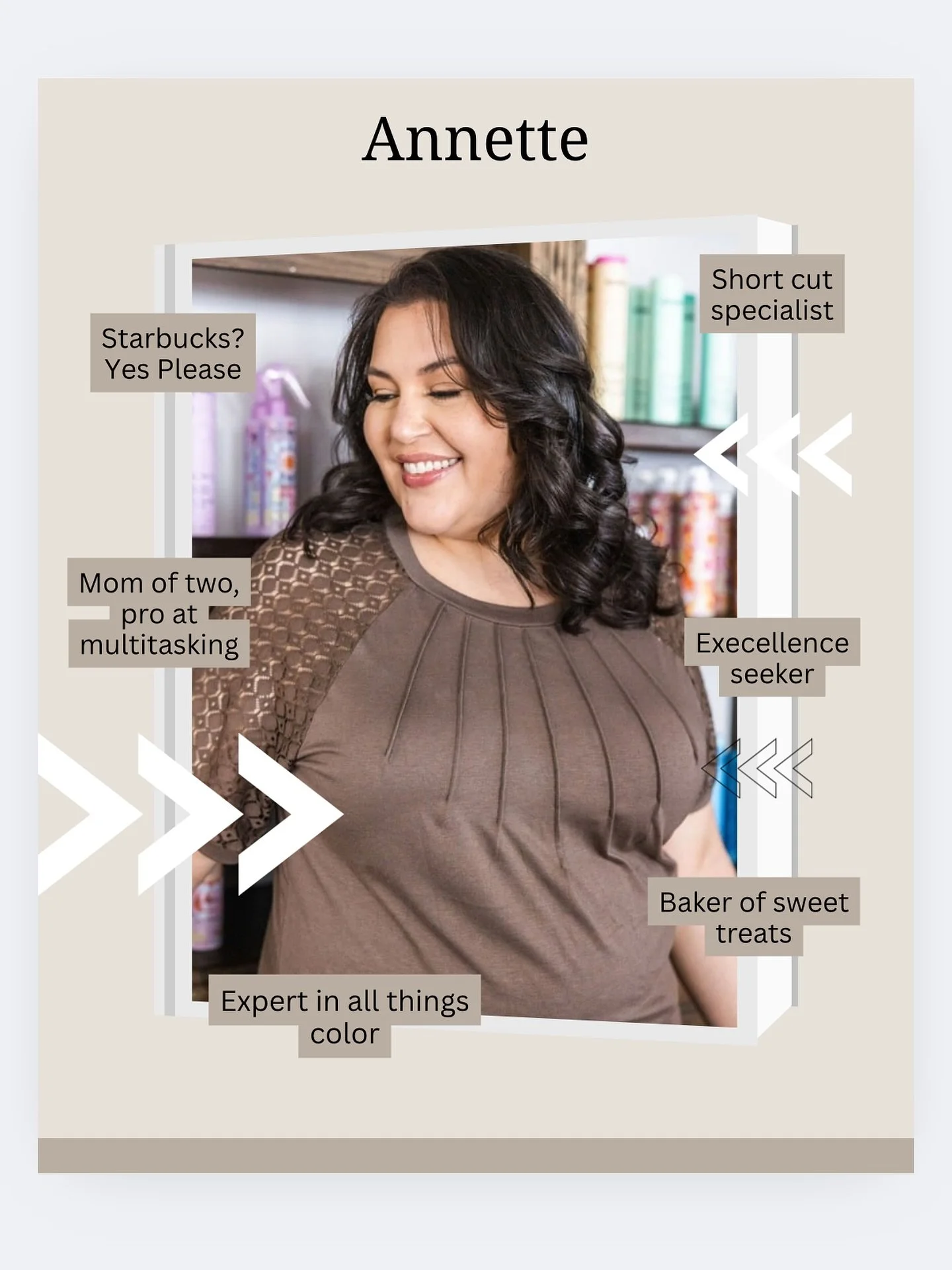 Meet Annette, the multitasking powerhouse behind some of our best cuts, boldest color, and the lemon bars everyone fights over. She brings skill, hustle, and just the right amount of attitude to every day.
Basically&hellip; our salon is better becaus