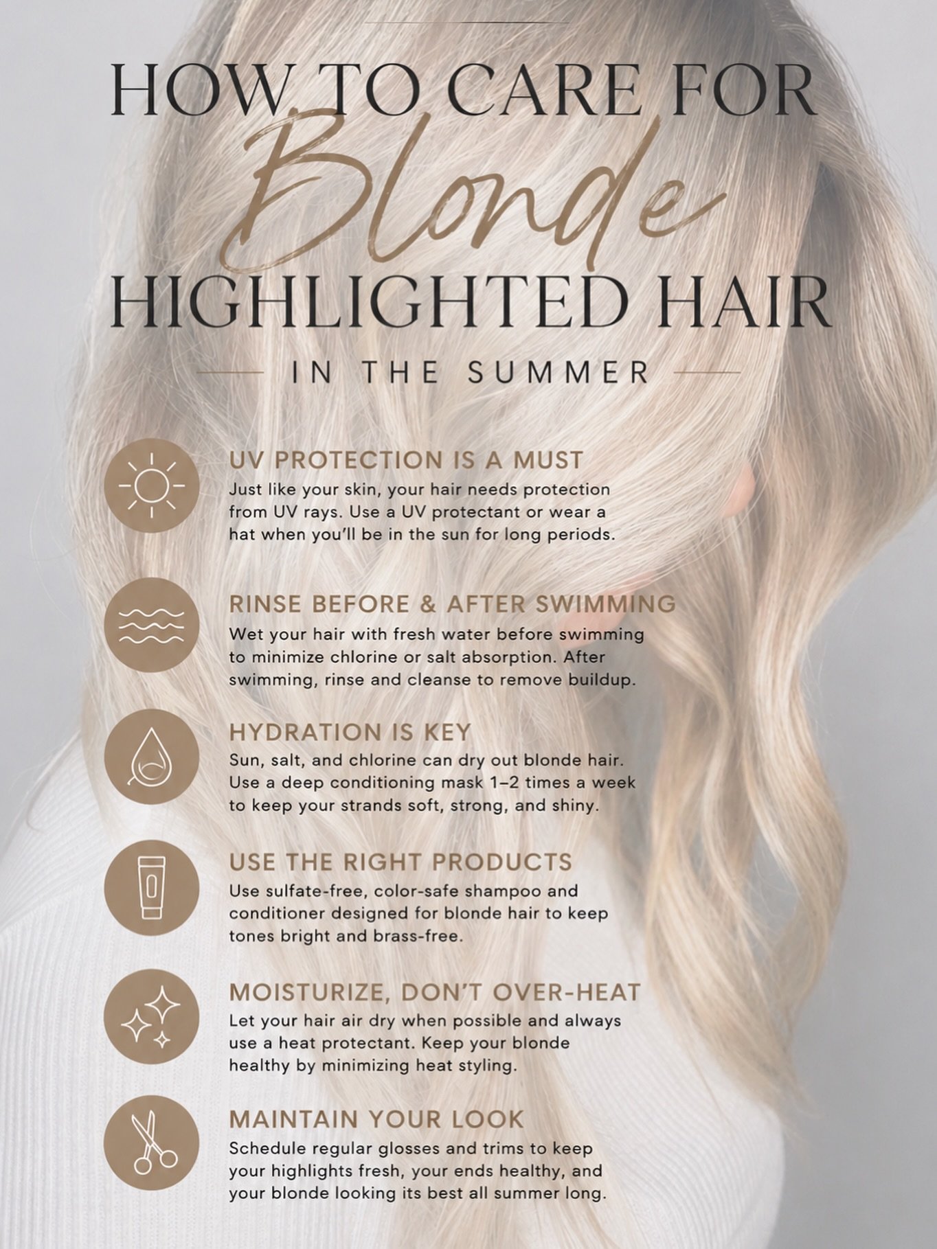Blonde girls, this is your summer reminder ☀️

Sun, saltwater, chlorine, and heat can all take a toll on highlighted hair fast. A little extra care goes a long way in keeping your blonde bright, healthy, and expensive-looking all season long.

Save t