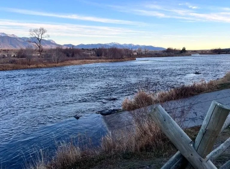 Madison river at the 8 Mile Boat Ramp in November with the Madison mountain range in the background