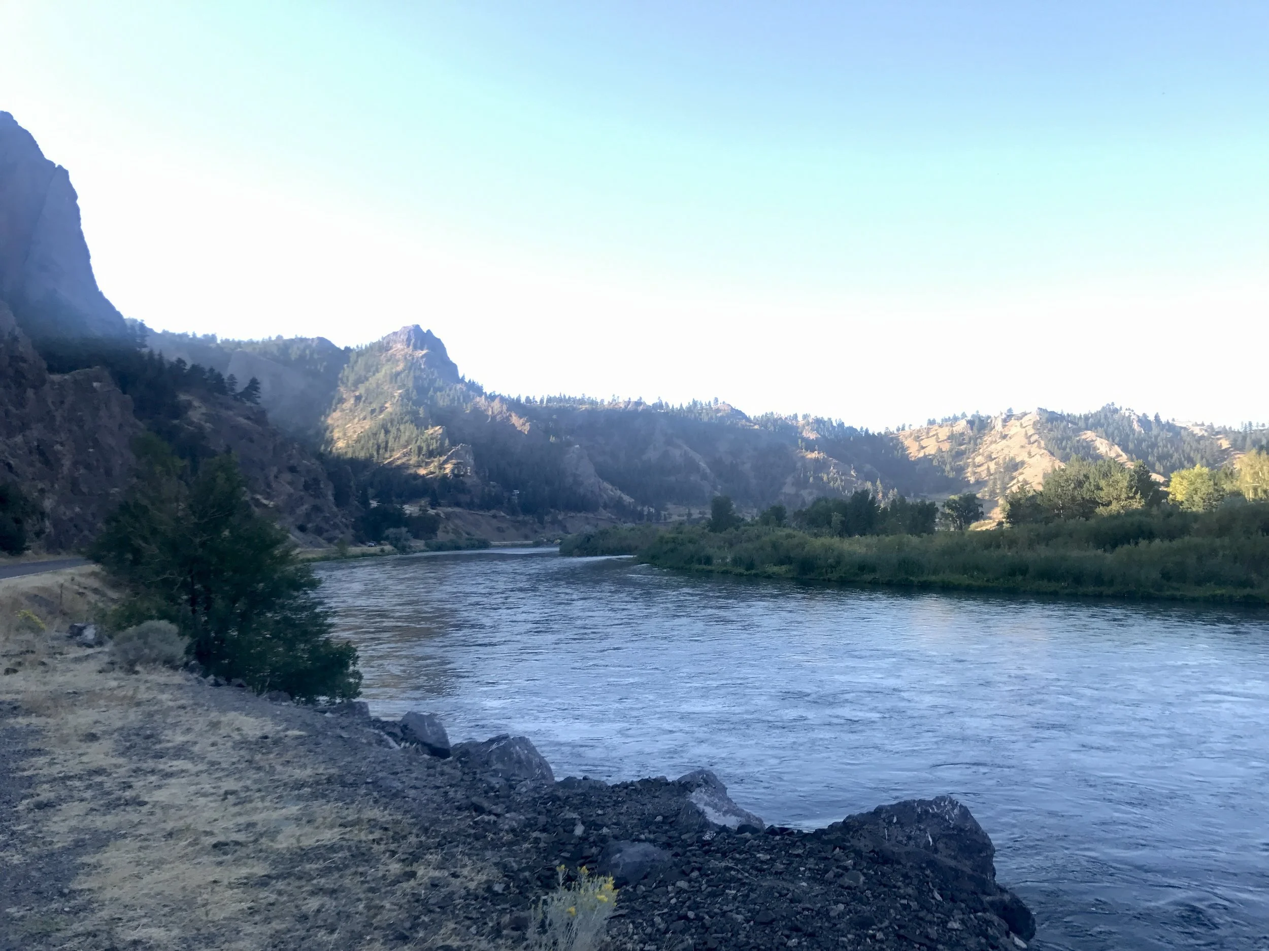 Scenic view of the missouri river near craig montana flowing between rocky banks with pine trees and mountains in the background under a clear sky.
