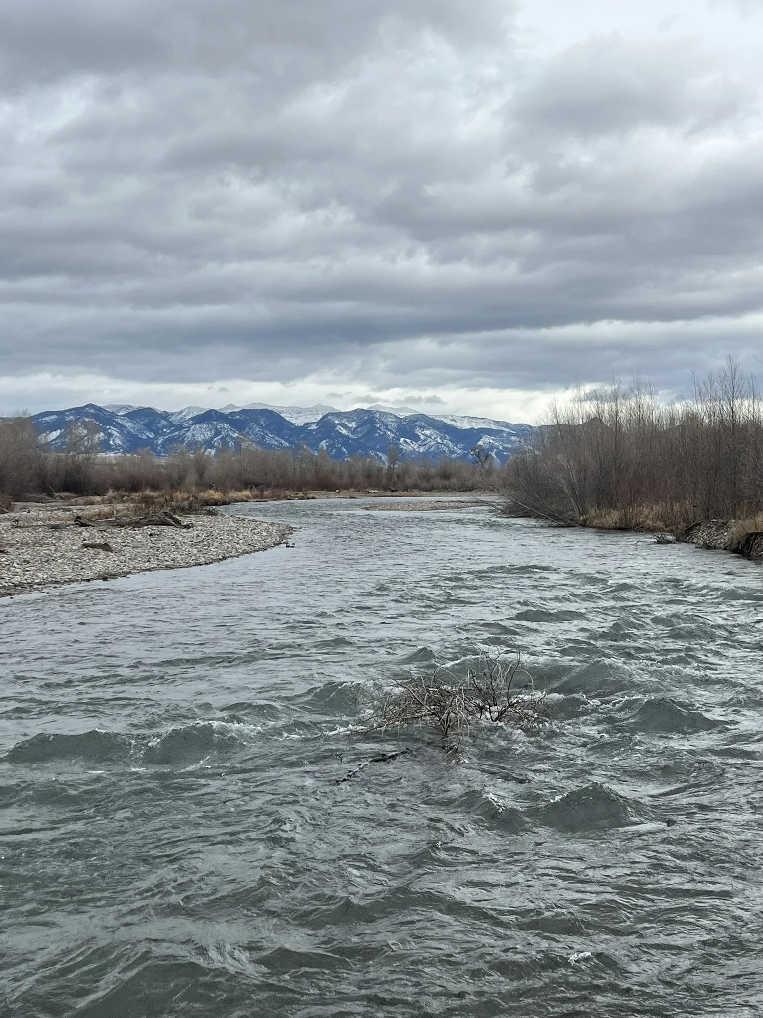 Winter view of the Gallatin River with the snow covered Gallatin Mountain range in the background
