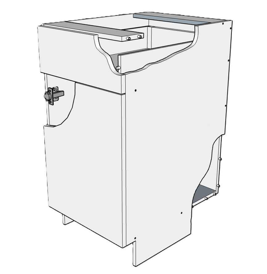 three dimensional cut away of an RTA cabinet. showing premium hinges, drawer box hardware and professional dowel construction.