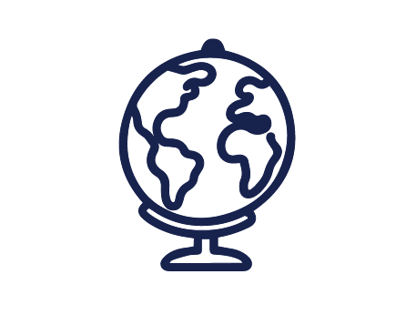 Simple blue line drawing of a globe showing the world map on a stand.