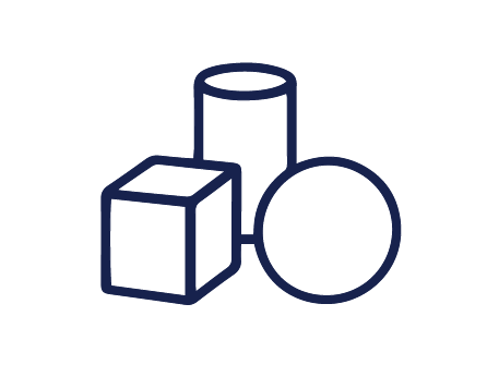 Line drawing of three geometric 3D shapes: a cylinder, a cube, and a sphere.