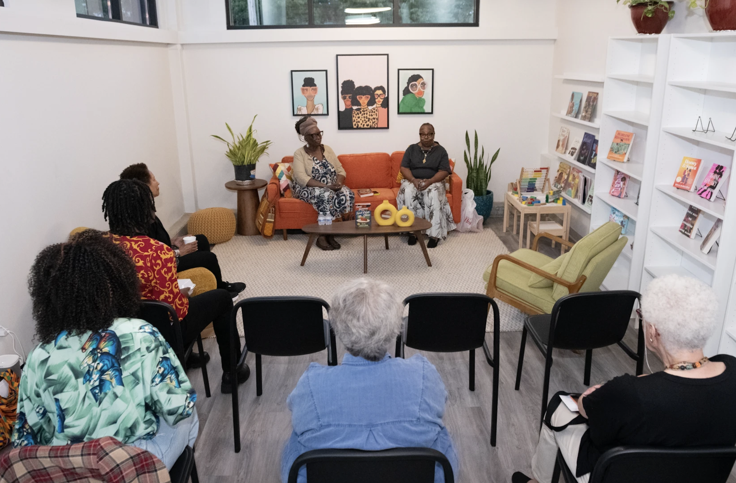 Picture of authors Sandra Jackson-Opoku and Tina Jackson Bell at Zora's Place, a Black feminist bookstore in Evanston, Illinois