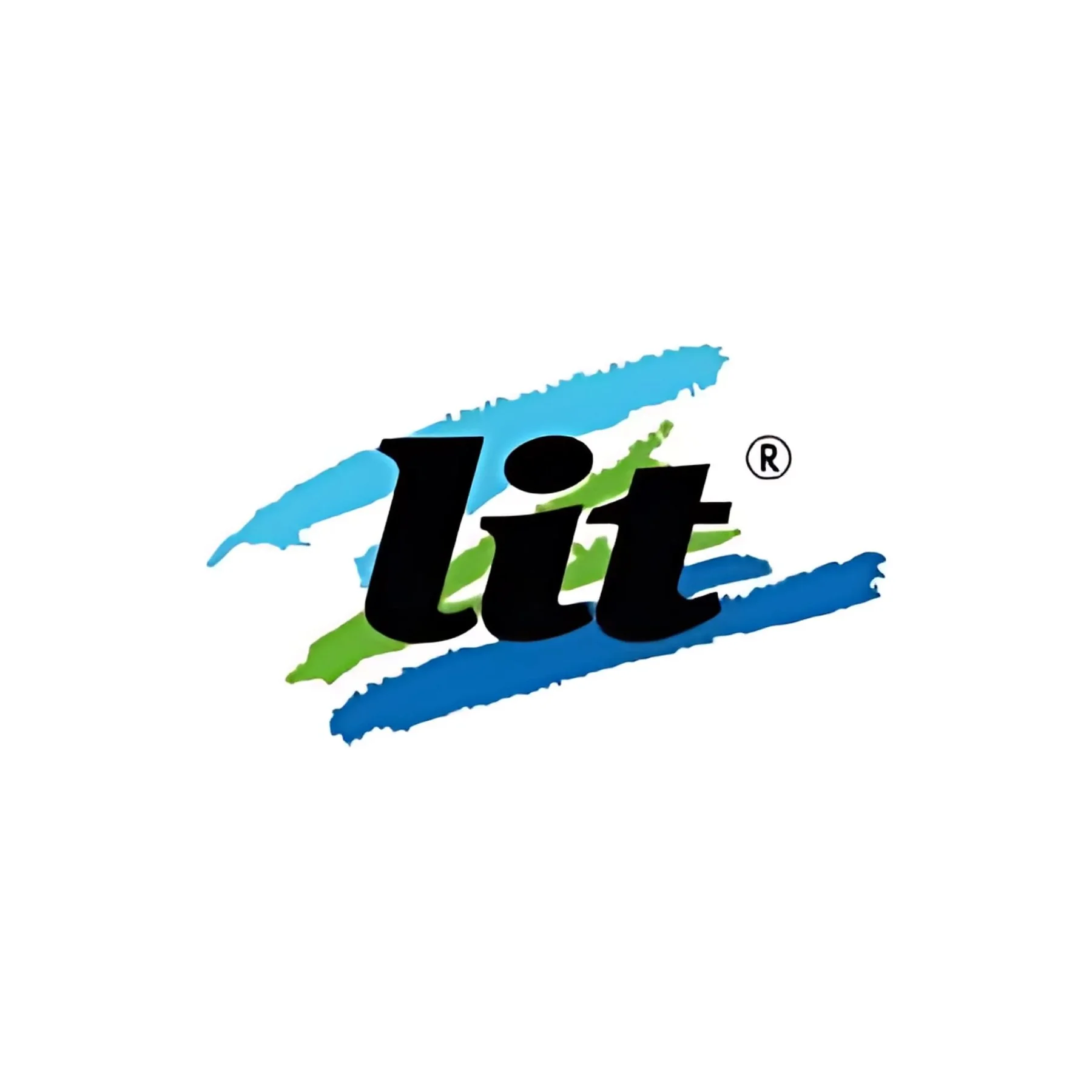 Colorful logo with the word "lit" in bold black font on a white background, with blue and green brush strokes behind.