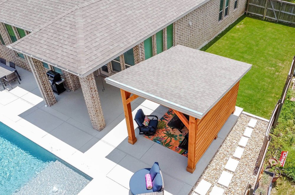 Backyard with pool and covered outdoor kitchen patio