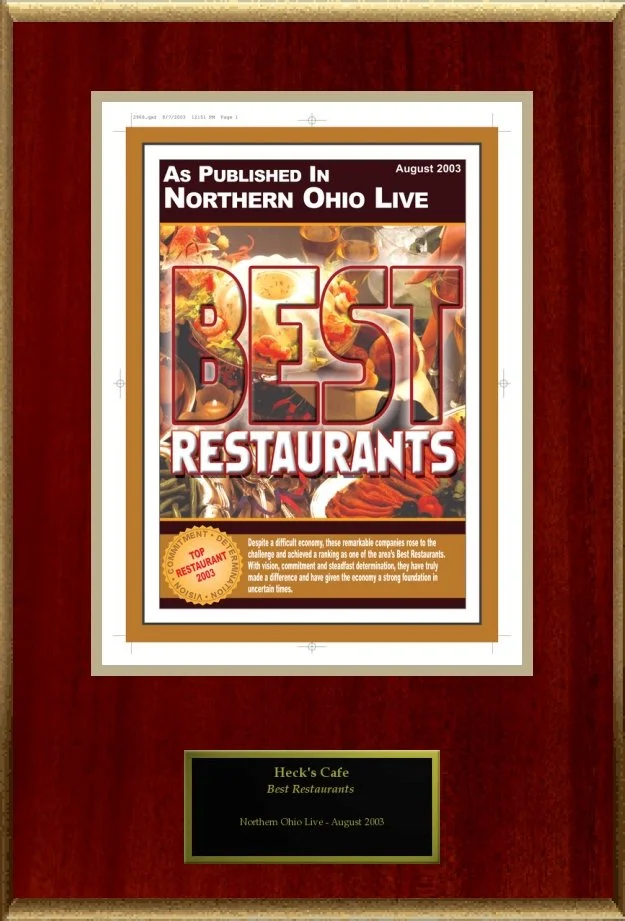 Award plaque for Heck's Cafe, recognized as one of the "Best Restaurants" by Northern Ohio Live in August 2003.