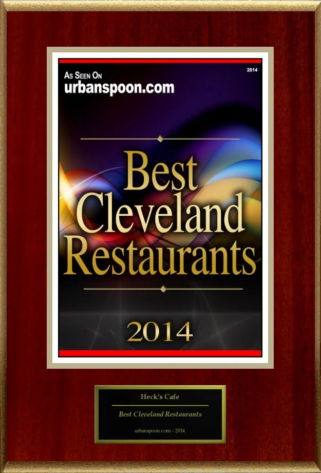 Plaque reading 'Best Cleveland Restaurants 2014' featured on Urbanspoon, awarded to Heck's Cafe.