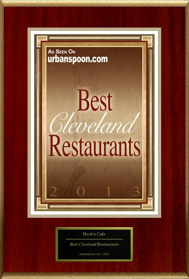 Plaque for Best Cleveland Restaurants 2013 from Urbanspoon, awarded to Heck's Cafe.