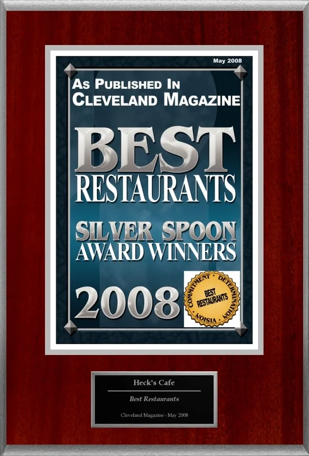 Plaque featuring Cleveland Magazine's 2008 "Best Restaurants Silver Spoon Award Winners," awarded to Heck's Cafe.
