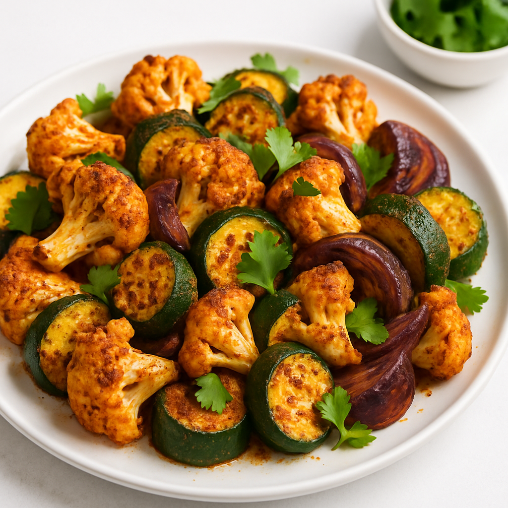 A white plate filled with roasted cauliflower, zucchini, and eggplant seasoned with spices, garnished with fresh cilantro.