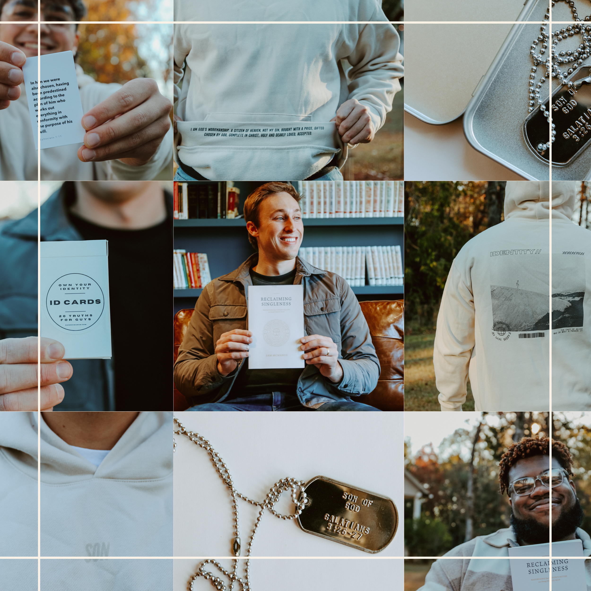 People holding Sam McManus' books and wearing dog tags that read 'GALATIANS 3:26-27'. One person wearing glasses and a jacket is smiling. The background shows trees and a sunny outdoor setting. This image shows an overview of products by Sam McManus.