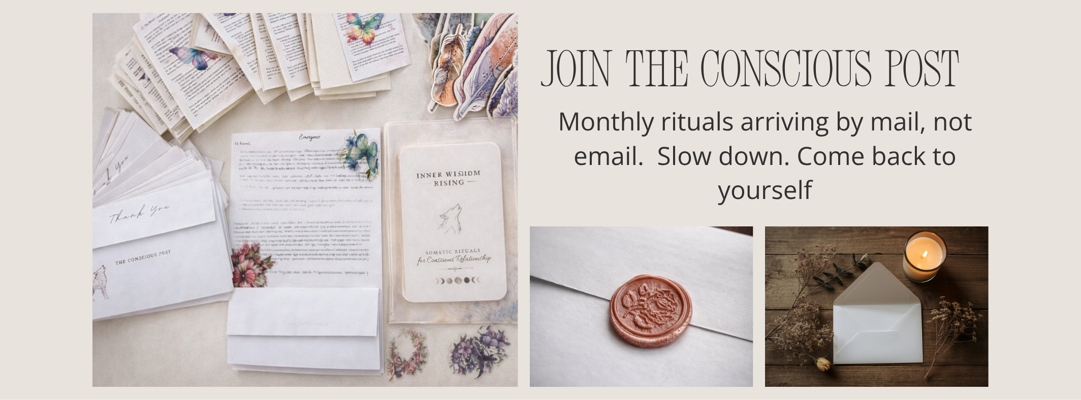 A collection of stationery, including handwritten notes, printed letters, stickers, and envelopes with a wax seal, along with a candle and dried flowers