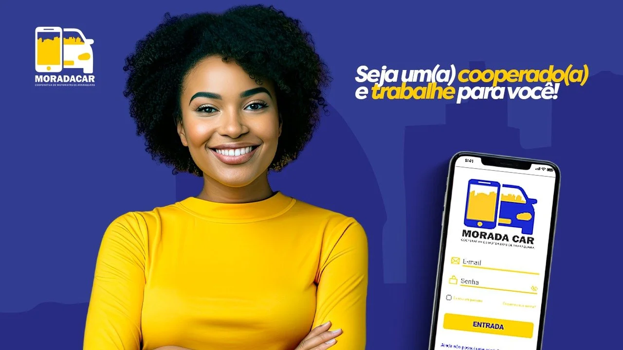 Banner da Morada Car com mulher sorrindo e aplicativo de cooperativa de motoristas exibido em um celular, com chamada para ser cooperado(a).