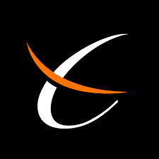 Stylized logo with a black background, featuring a white curved shape with an orange accent
