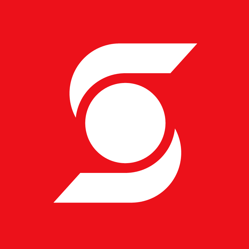 A red background with a stylized white number six in the center.