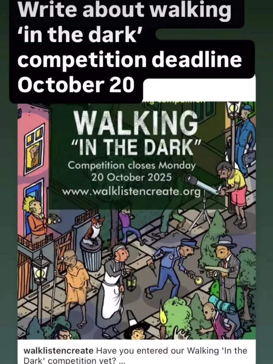 Don't forget to get your entries in for the latest walking writing comp with @walklistencreate

And one week to go until Women Walking the City at Night- let us know if you'd like to join! 

#WalkingatNight #WalkingArtists #WalkingWriters