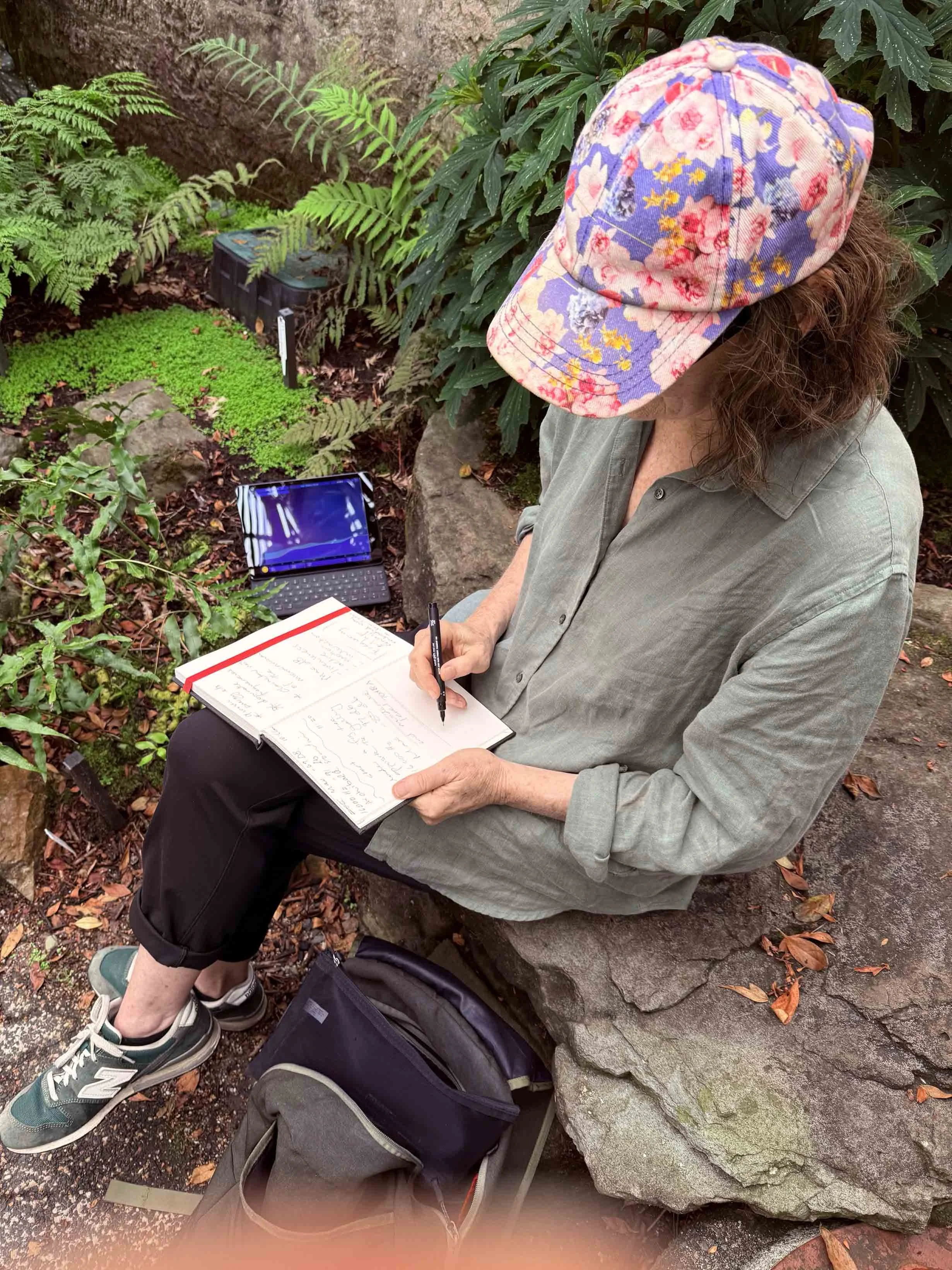  Jacqui making notes and recordings in the Fernery, Botanic Gardens 