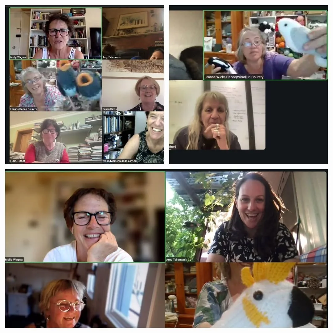 Thanks for joining our Dec chat folks (top left) and sharing some of your wonderful projects. It has become somewhat of a tradition for Leanne @songlarkstudio to show us her woven birds at the end of meetings so a little mix here with joyful response