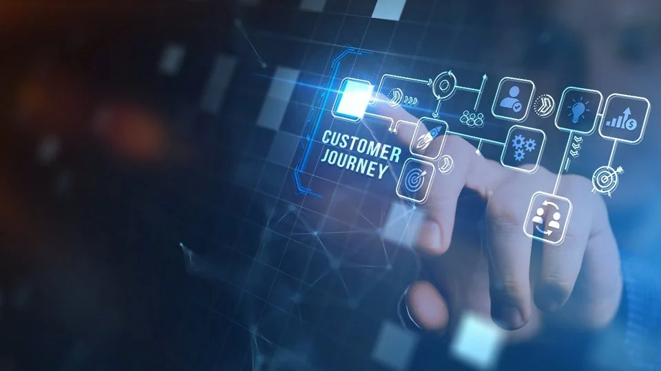 Digital illustration of a person interacting with a virtual interface labeled 'Customer Journey,' featuring icons representing various customer experience stages and data points.