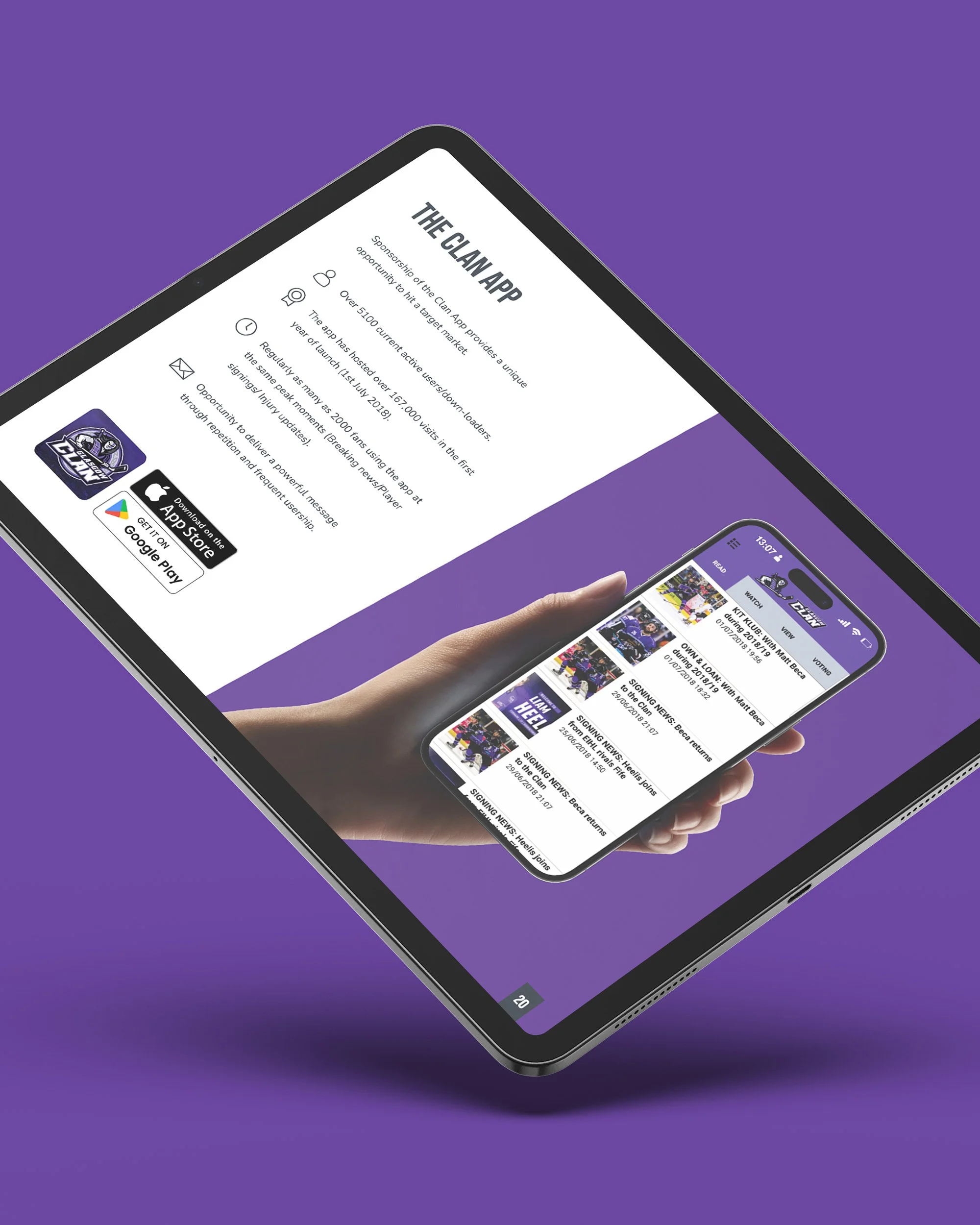 Commercial sponsorship brochure designed for Glasgow Clan Ice Hockey Club, showcasing advertising and partnership opportunities, displayed on an iPad.