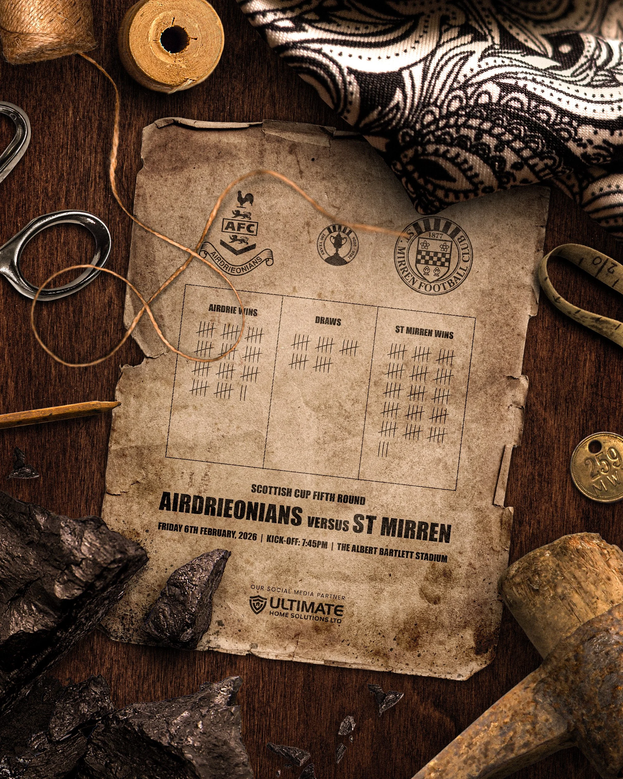 St Mirren FC Scottish Cup fifth round matchday graphic against Airdrieonians, featuring a 1920s vintage tabletop design with historical mining and textile tools and a tally-style results table.