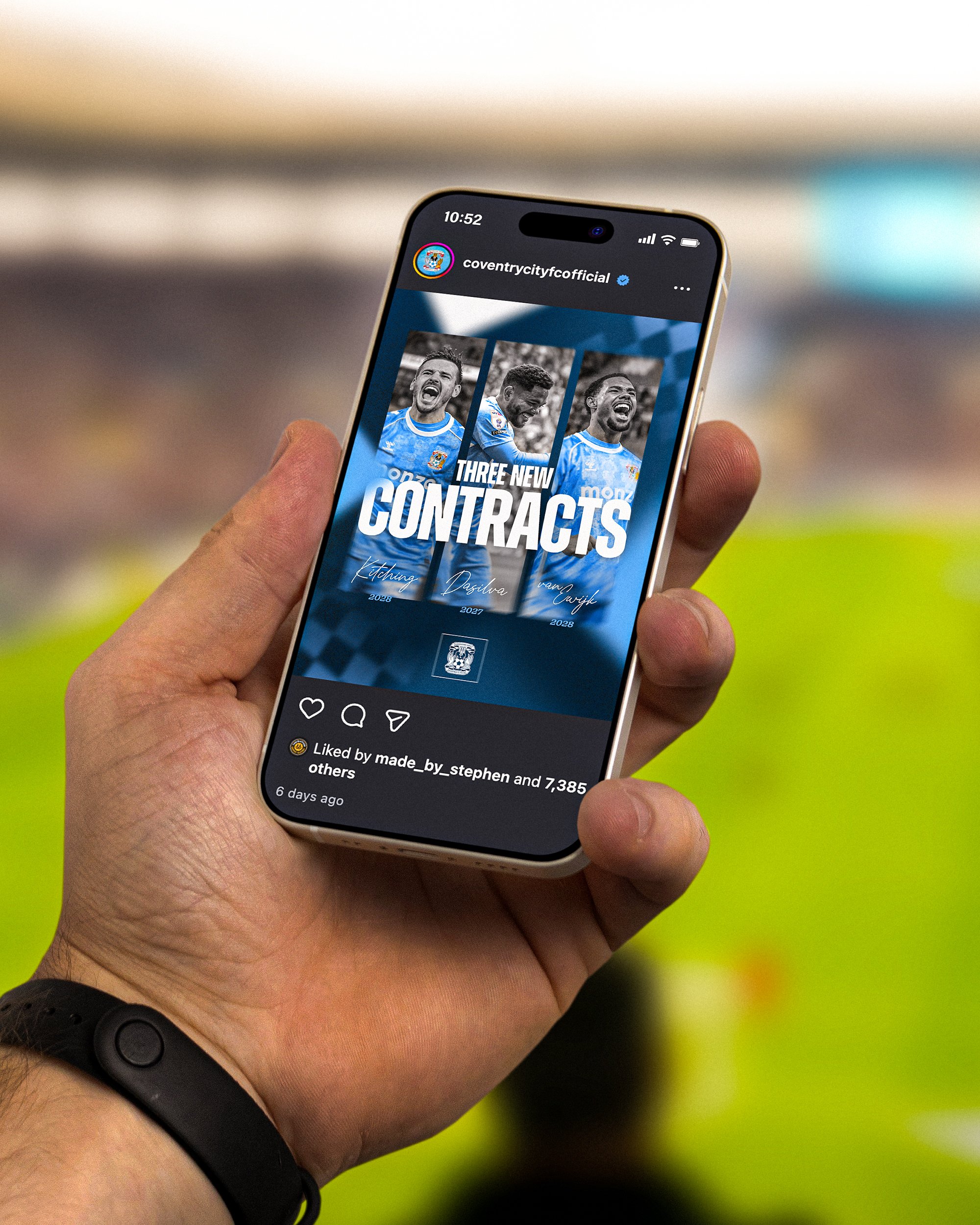 Coventry City FC player contract announcement social media graphic displayed on a mobile phone, featuring three new contract signings in official club branding.