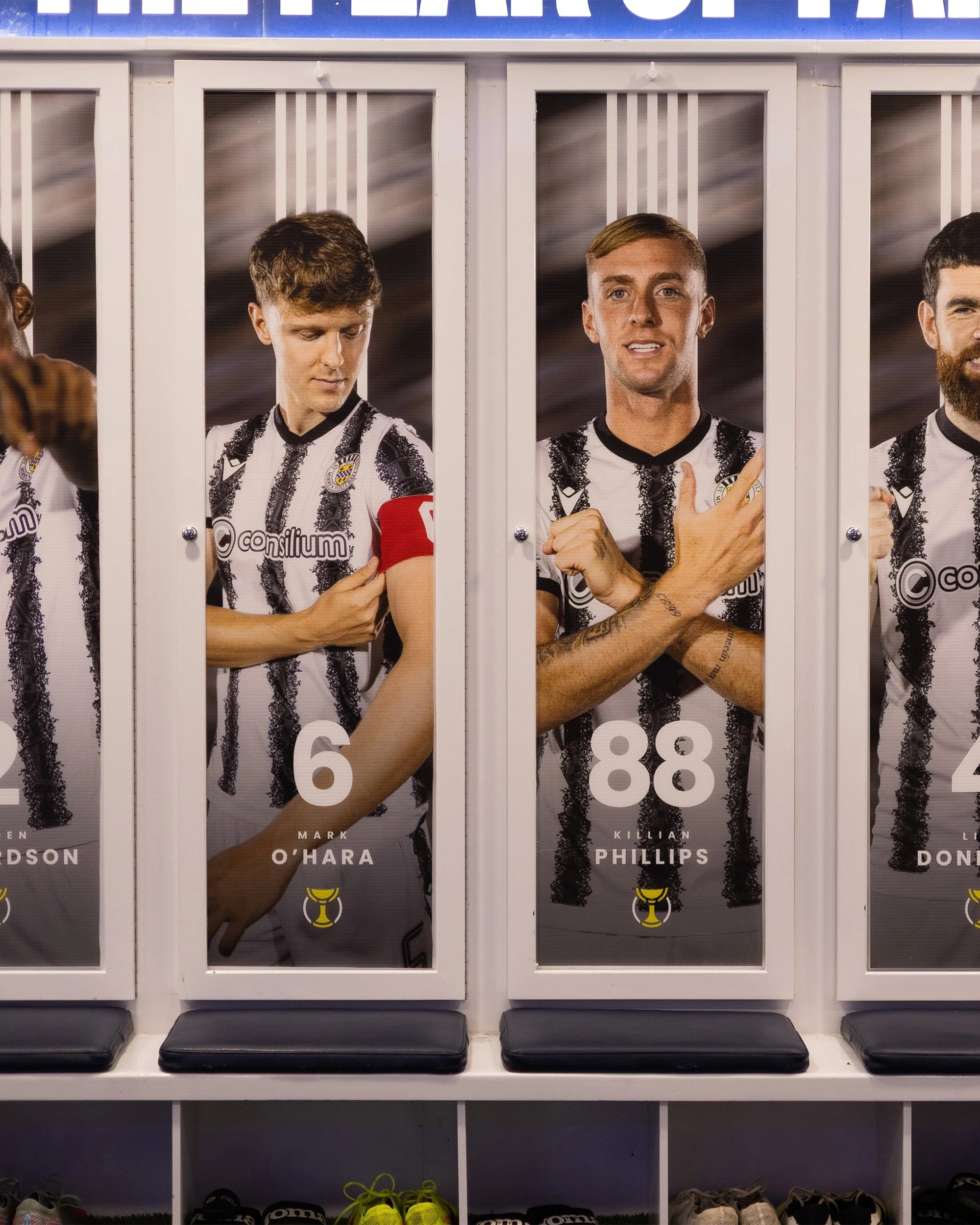 St Mirren FC Premier Sports Cup semi-final and final dressing room branding at Hampden Park, showing player locker door designs with Killian Phillips, captain Mark O'Hara, Jayden Richardson, and Liam Donnelly.