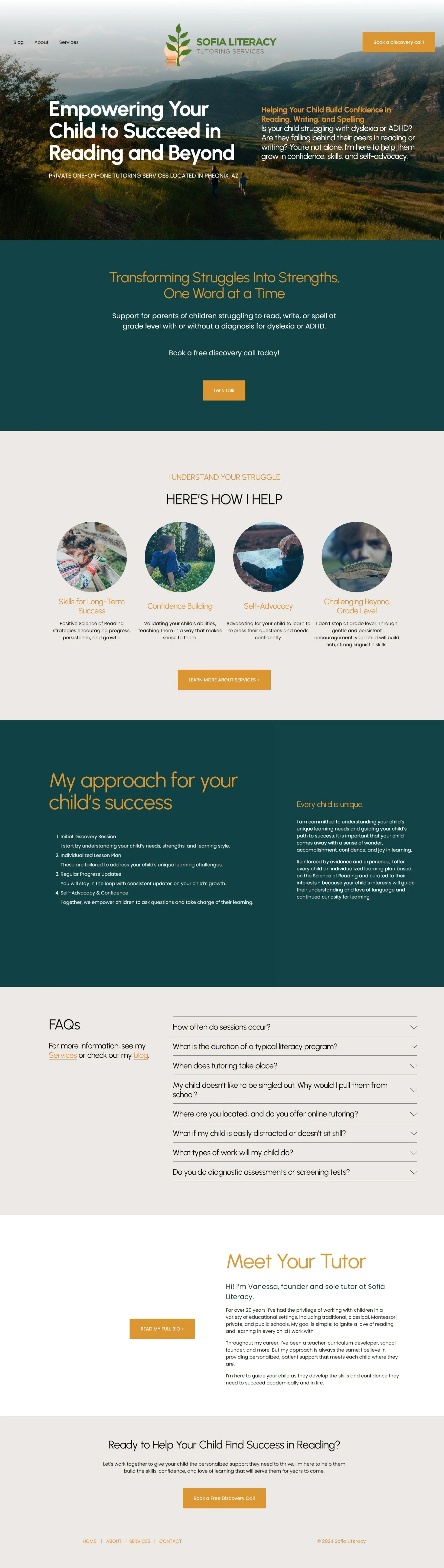 Website homepage for Sofia Literacy Tutoring Services featuring a scenic mountain landscape with grassy fields and cloudy sky. The page has sections about empowering children in reading, building confidence, self-advocacy, and tutoring services. It includes call-to-action buttons for booking discovery calls and learning more about services, with information about the tutor and FAQs.