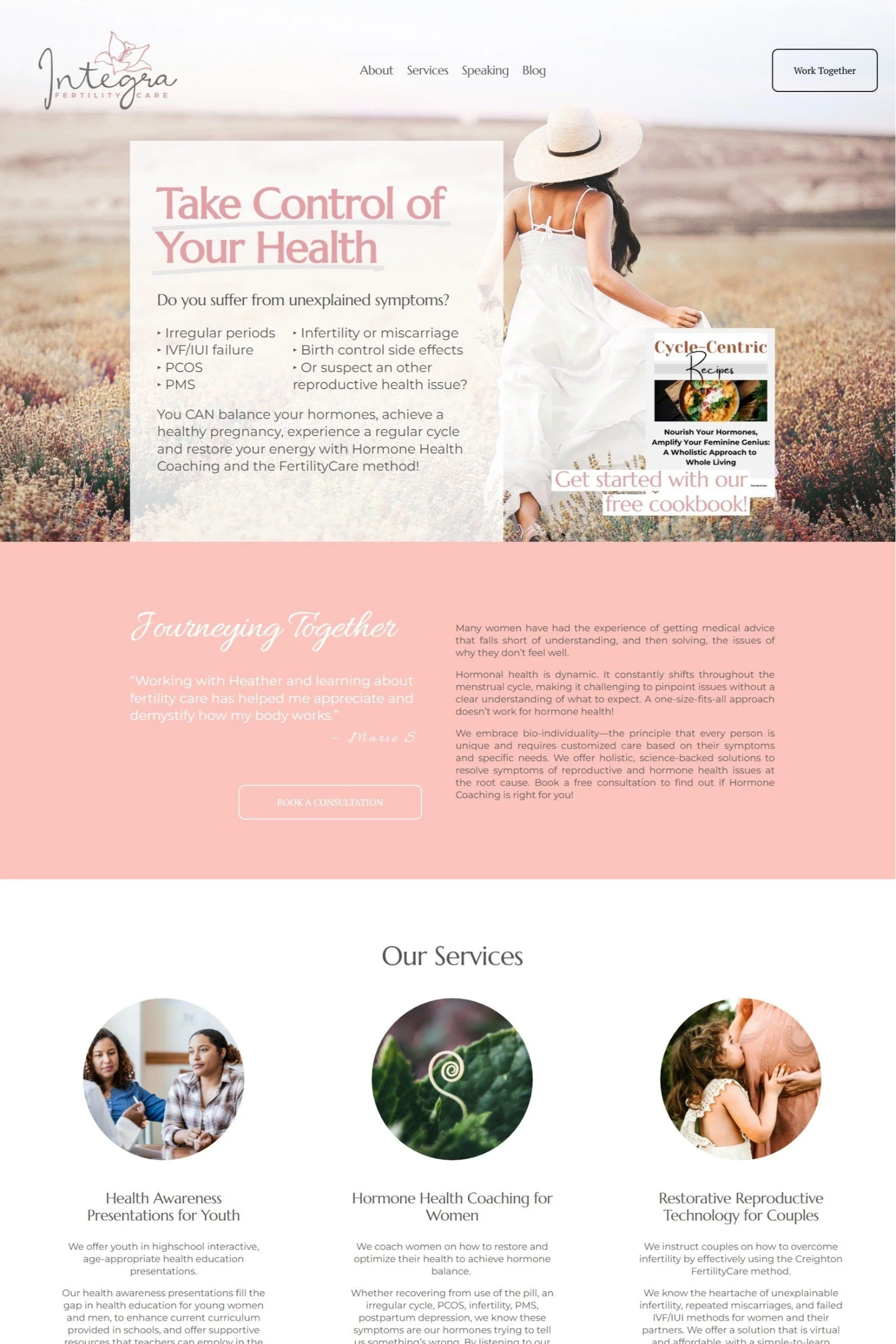 Homepage of fertility care website with a woman in a white dress and wide-brimmed hat walking in a field featuring sections about health, services, and coaching for women and couples.