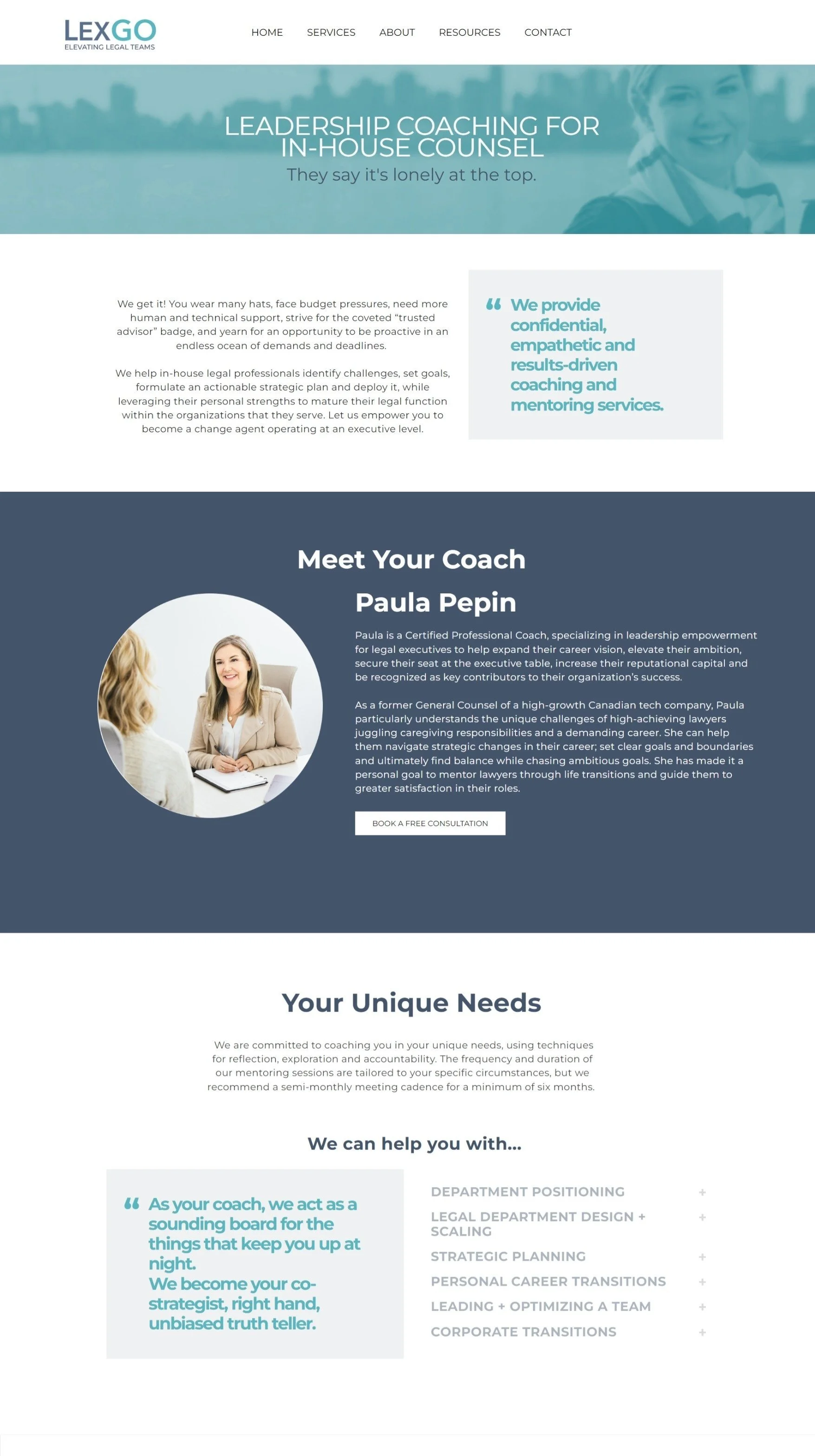 Website homepage for Lexgo, a leadership coaching service for in-house legal counsel, featuring a navigation menu, a hero section with a woman smiling, a section introducing coach Paula Pepin with her photo, and details about coaching services and specializations.