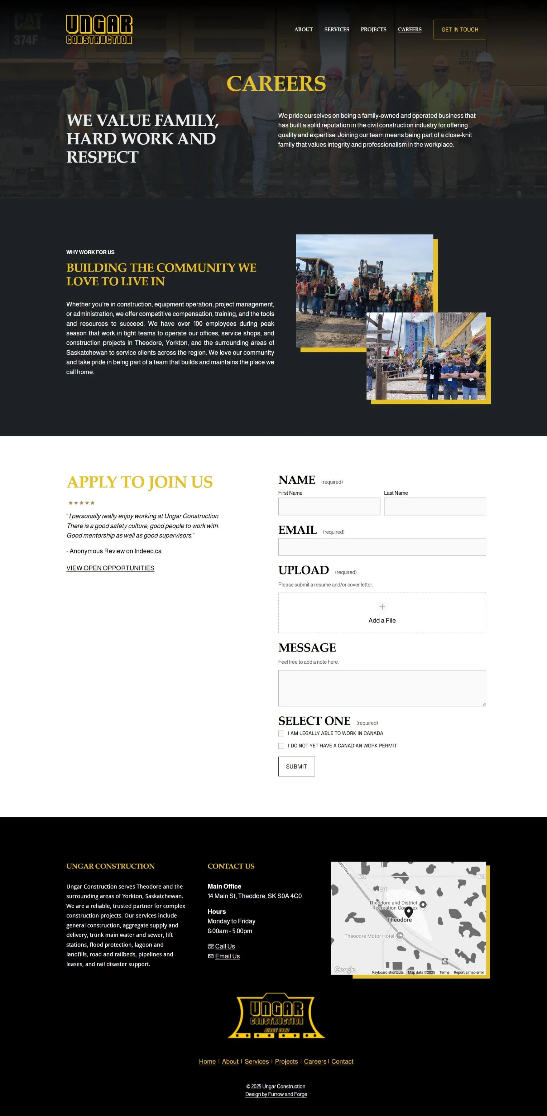 Construction website page for Ungar Construction highlighting careers, community values, application form, and contact information with images of construction workers and equipment.
