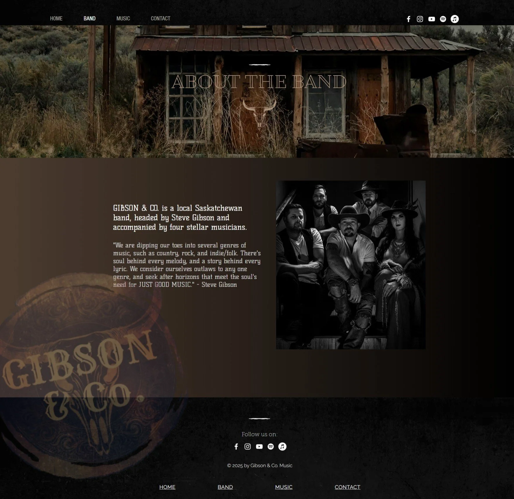 Screenshot of Gibson & Co., a Saskatchewan band website, featuring a rustic background with an old house, a black and white photo of band members, and social media icons.