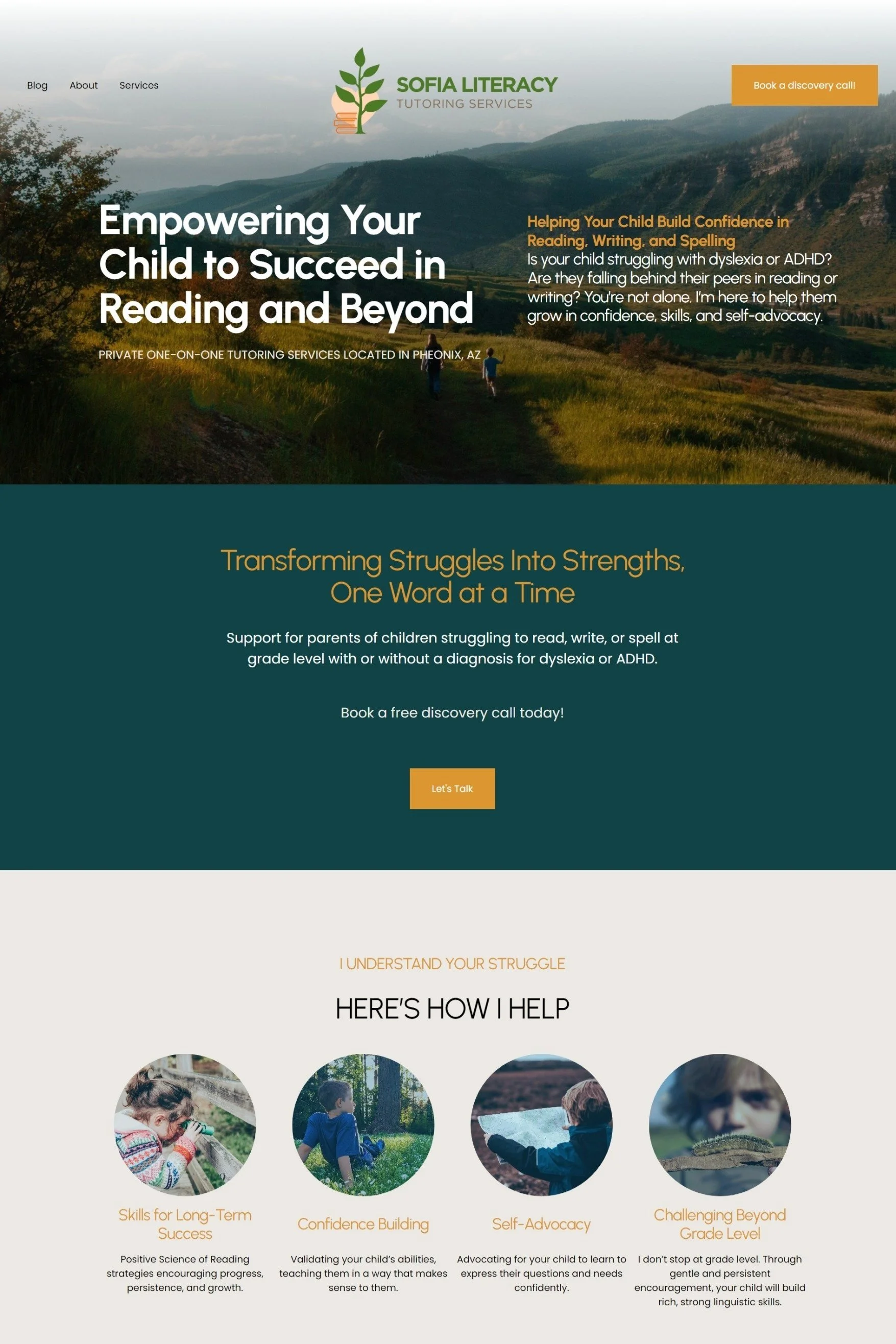 Homepage of Sofia Literacy Tutoring Services website featuring a scenic mountain landscape with children walking in a field. The website offers tutoring services to improve reading, writing, and spelling for children, with a call-to-action button labeled 'Let's Talk' and sections explaining how they help children build confidence and succeed academically.