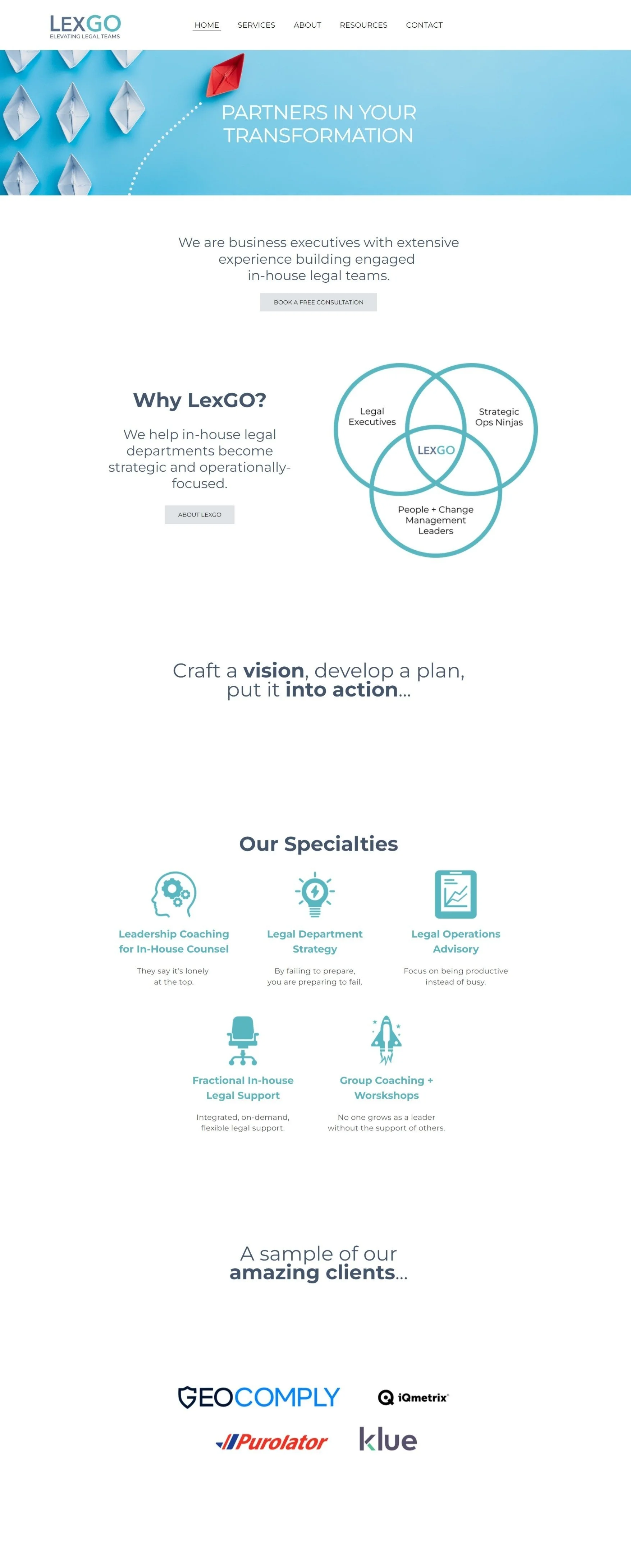 The webpage of LexGO, a legal consulting firm, features a top navigation menu with links to Home, Services, About, Resources, and Contact. The main section has a header with the company's name 'LEXGO' and tagline 'Elevating Legal Teams'. Below this, there is a headline 'Partners in Your Transformation' and a brief description of the company. There are buttons for a free consultation and about information. The webpage highlights LexGO's focus on helping in-house legal teams become strategic, with a Venn diagram illustrating their key areas: Legal Executives, Strategic Ops Ninjas, and People + Change Management Leaders. It emphasizes crafting a vision and taking action. The services listed include Leadership Coaching, Legal Department Strategy, Legal Operations Advisory, Fractional In-house Legal Support, and Group Coaching + Workshops. The section at the bottom showcases logos of notable clients including GEOCOMPLY, iQmetrix, Purolator, and klue.
